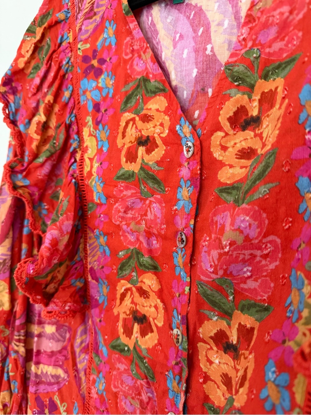 FARM Rio Red Multi Floral Ruffled Button-Down Blouse - Picture 2 of 4